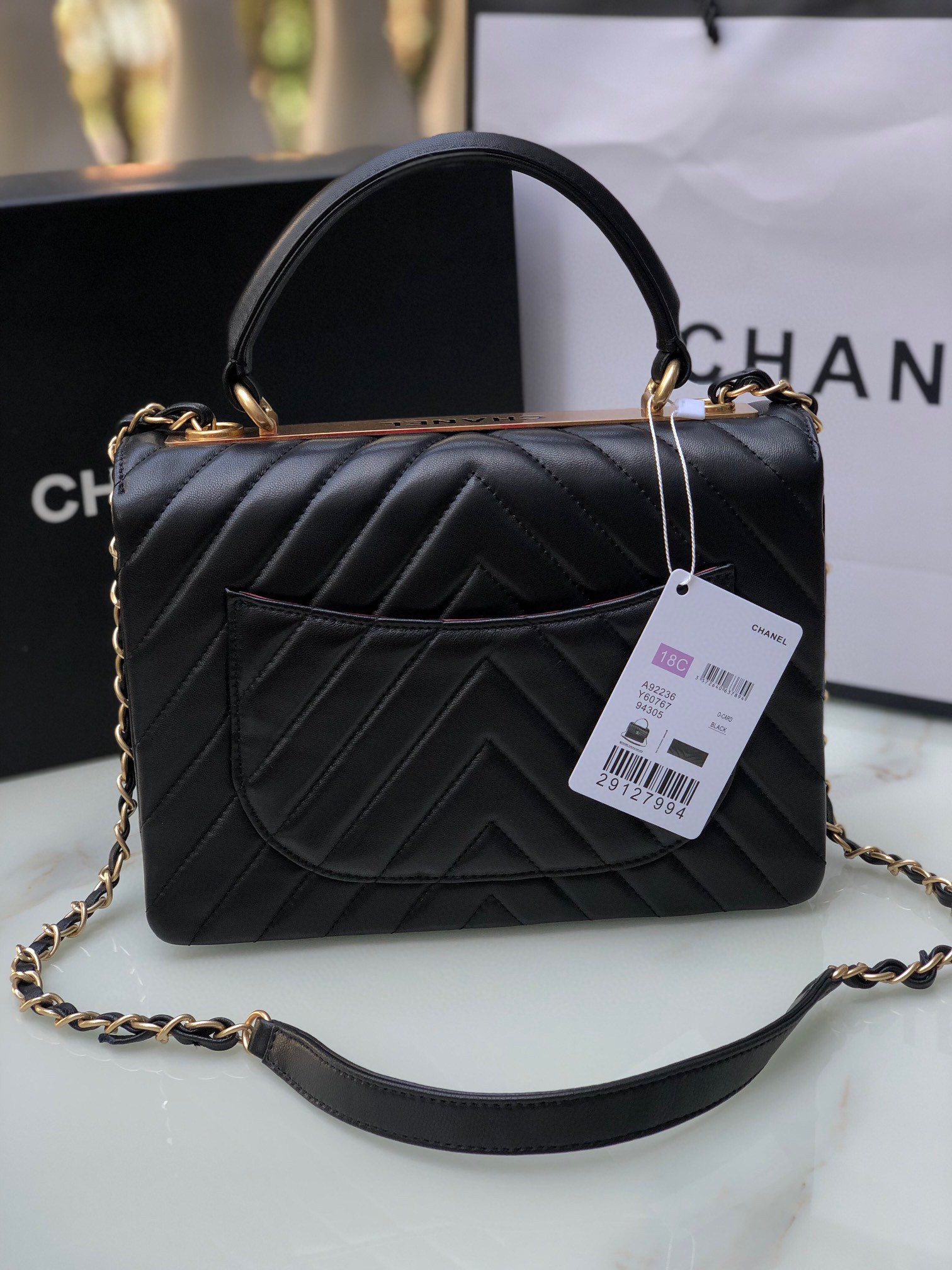 Ch**el FLAP BAG WITH TOP HANDLE 6.6 × 9.8 × 4.7 in