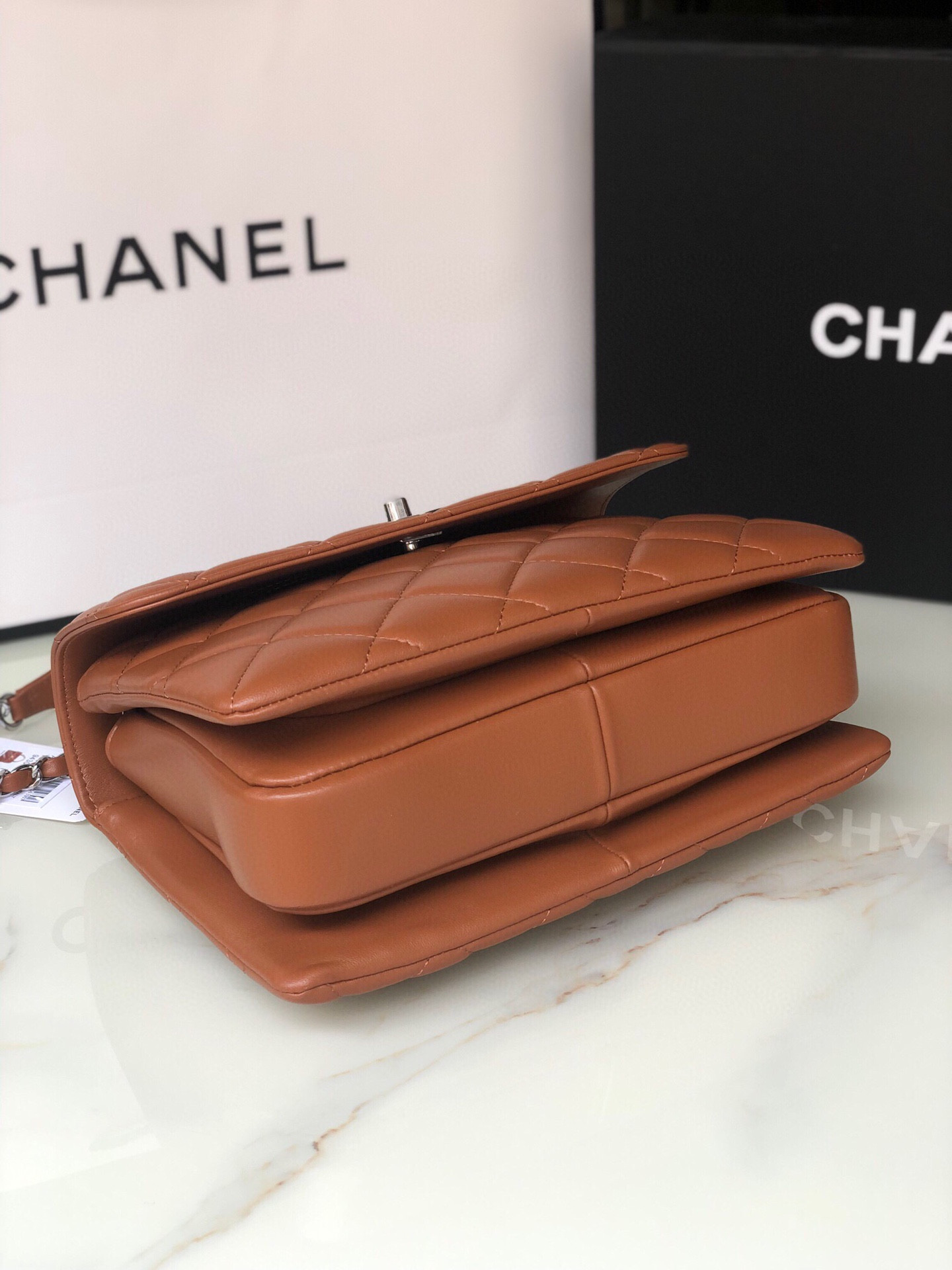 Ch**el FLAP BAG WITH TOP HANDLE 6.6 × 9.8 × 4.7 in