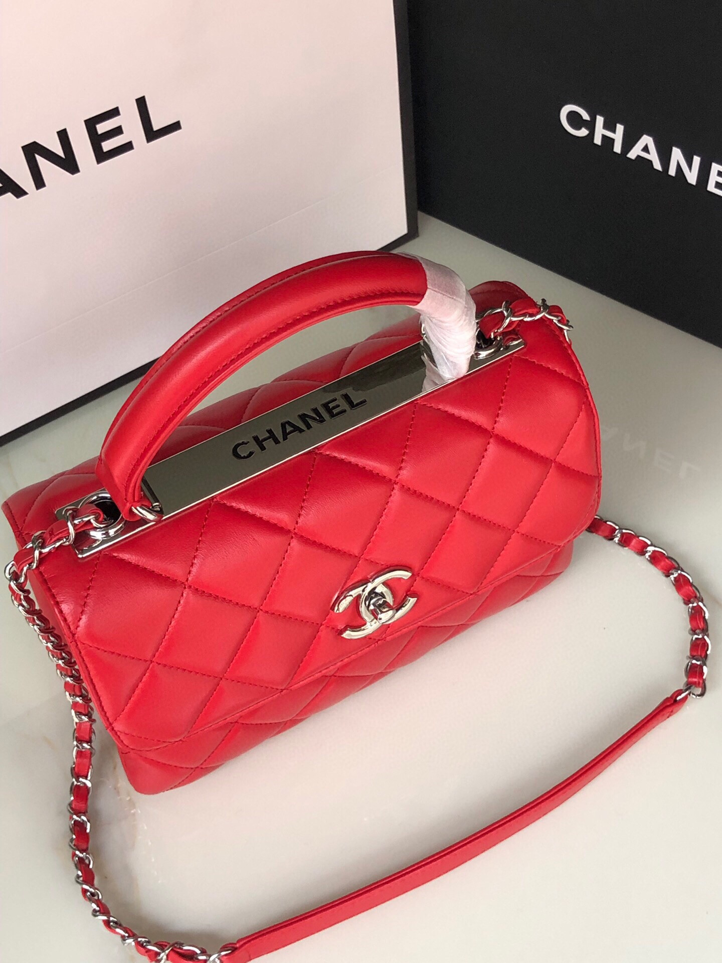 Ch**el FLAP BAG WITH TOP HANDLE 6.6 × 9.8 × 4.7 in