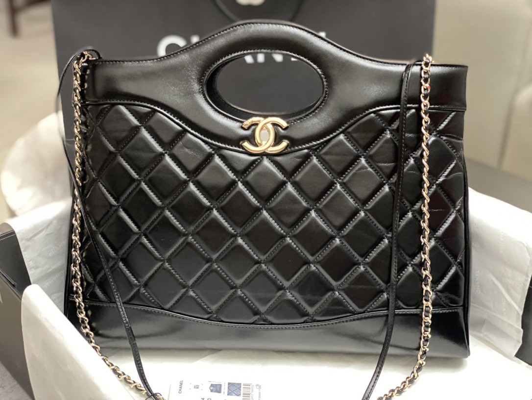 Ch**el  SHOPPING BAG Shiny Lambskin & Gold-Tone Metal Black 35x39x8cm