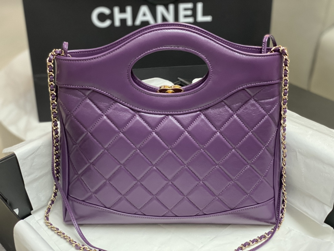 Ch**el SHOPPING BAG Shiny Lambskin & Gold-Tone Metal 11.7 × 11.3 × 3.5 in