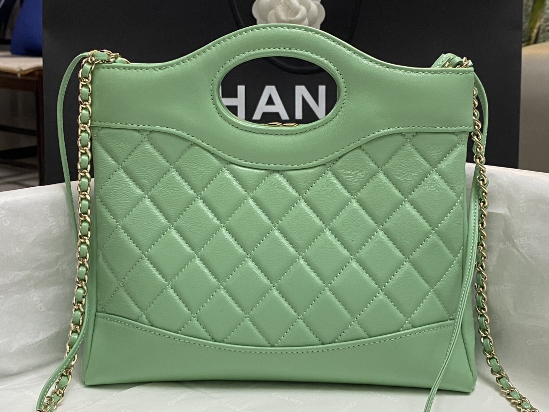 Ch**el MINI SHOPPING BAG Shiny Lambskin & Gold-Tone Metal Light green 22x23x5.5cm