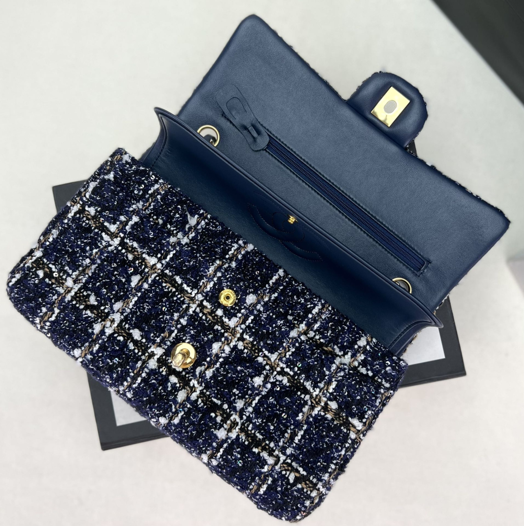 Ch**el classic 11.12 handbag tweed & gold-tone metal 6 × 9.9 × 2.5 in