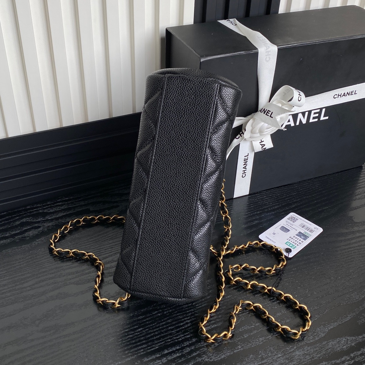 Ch**el Small Bowling Bag Grained Shiny Calfskin 14x22x9cm