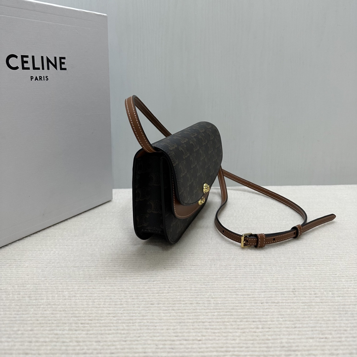 Ce1i*e DUO WALLET ON STRAP IN Triomphe Canvas and Calfskin 20x13x6cm