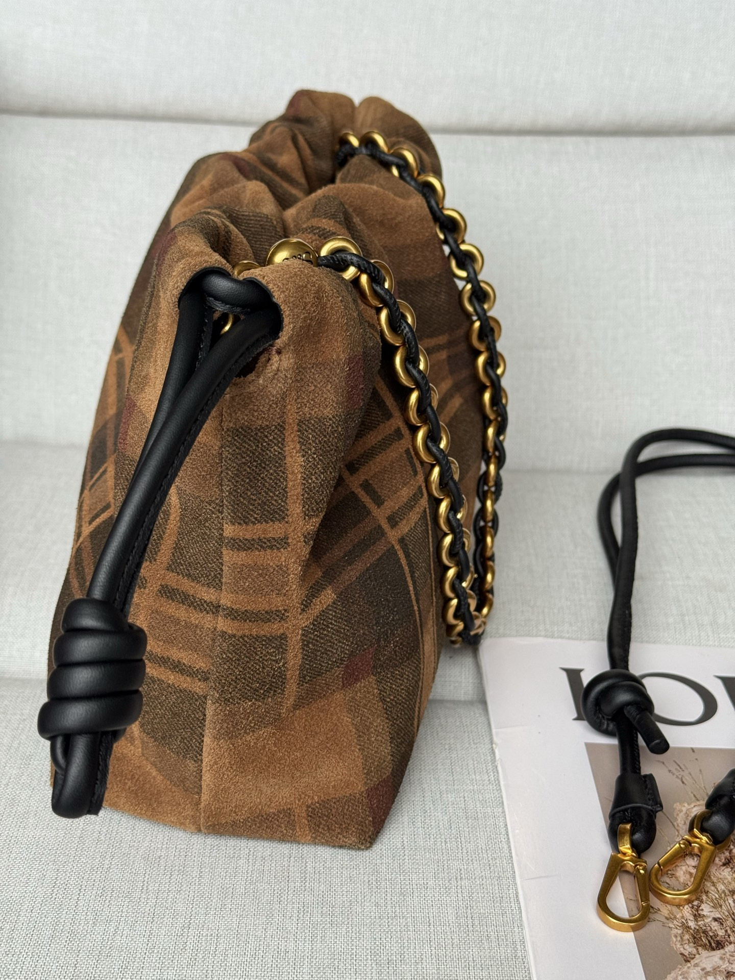 L0ew* Medium Flamenco Purse in Tartan Suede 20x30x10.5cm